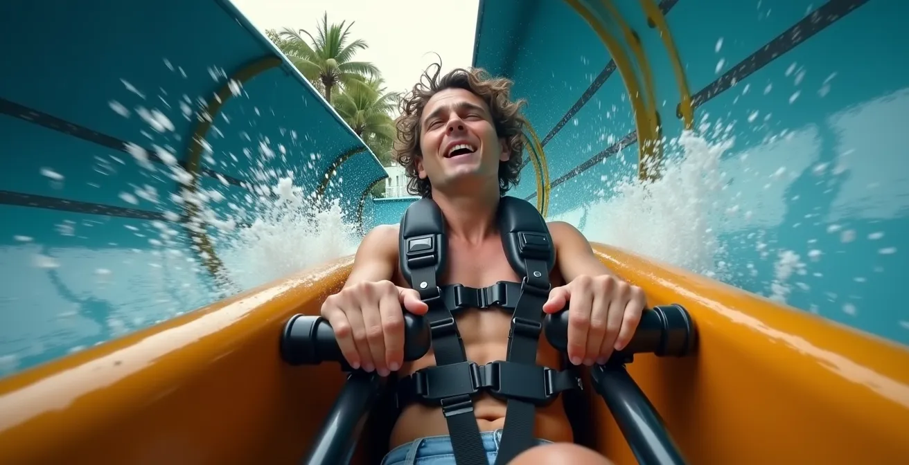 First-person perspective of water slide descent with chest-mounted camera visible