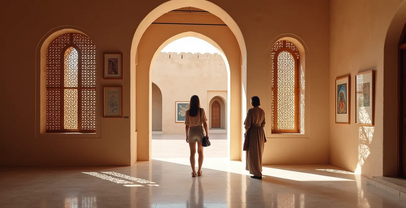 Traditional courtyard gallery space with Arabian architectural details and natural lighting