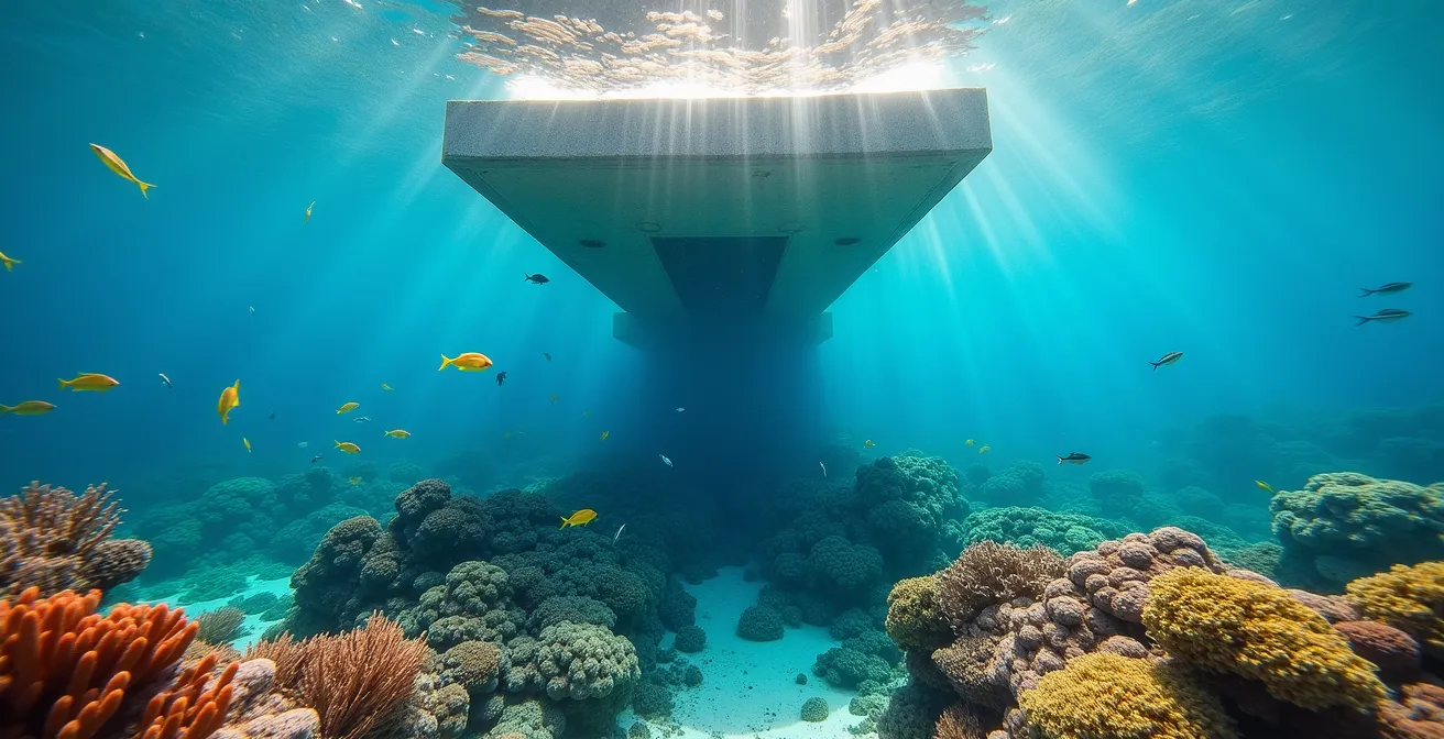 Thriving artificial coral reef beneath floating villa with diverse marine life
