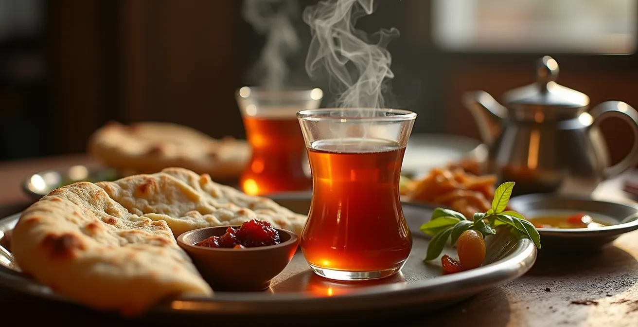Close-up of traditional Middle Eastern breakfast spread with karak tea