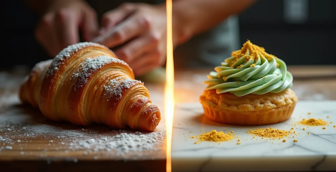 Split composition showing artisan croissant craftsmanship versus overstyled pastry