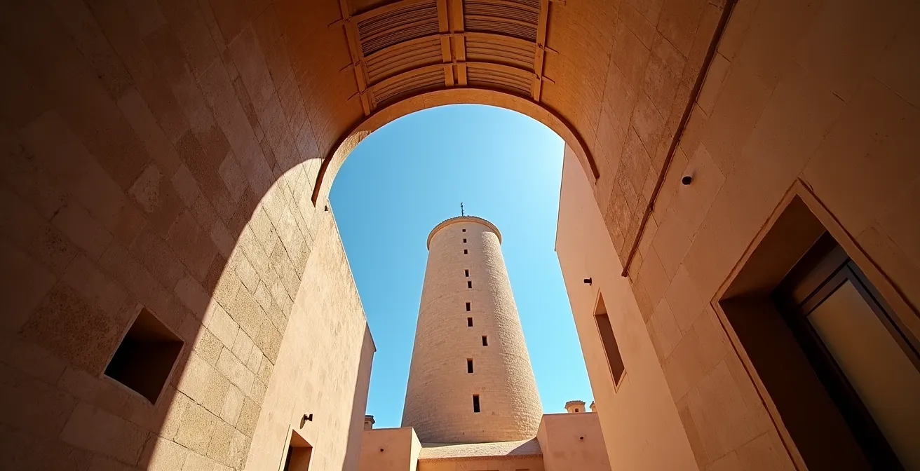 Traditional barjeel wind tower rising above narrow alleyway with dramatic shadow patterns