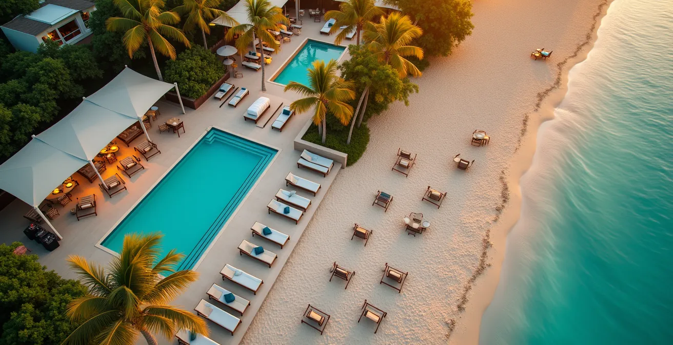 Aerial view of a luxury beach club layout showing quiet zones away from the DJ booth near the pool