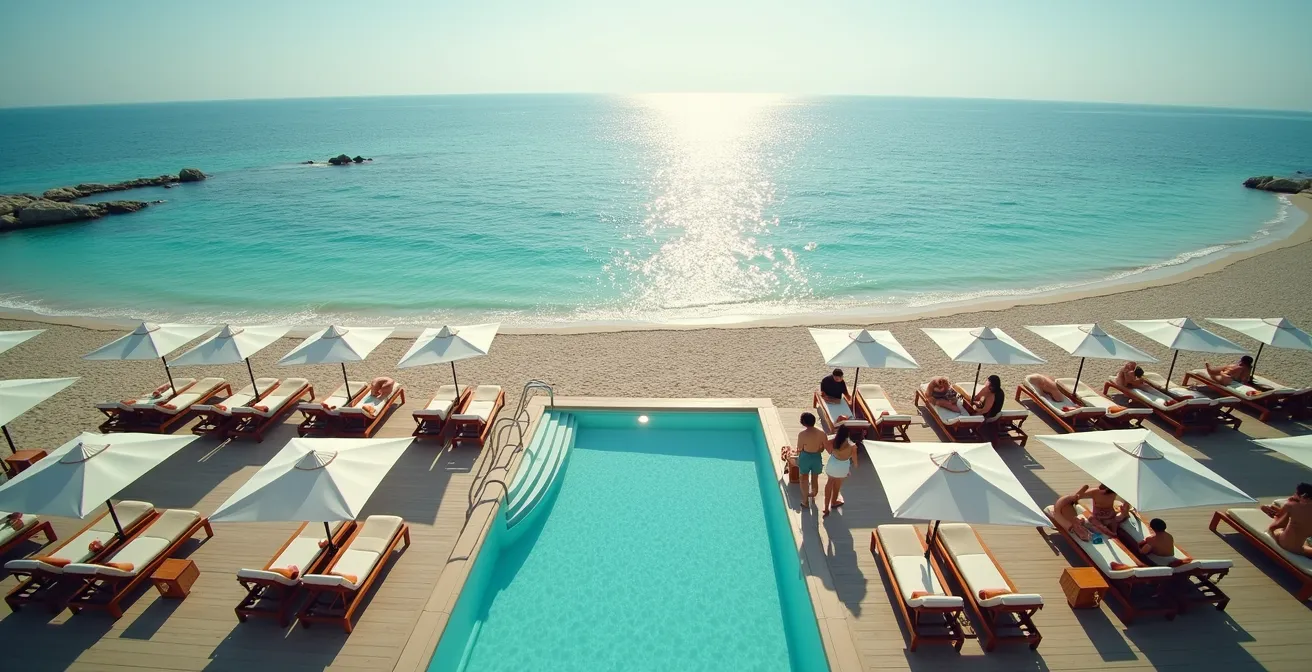 Overhead view of beach club layout showing different sunbed zones from premium to standard