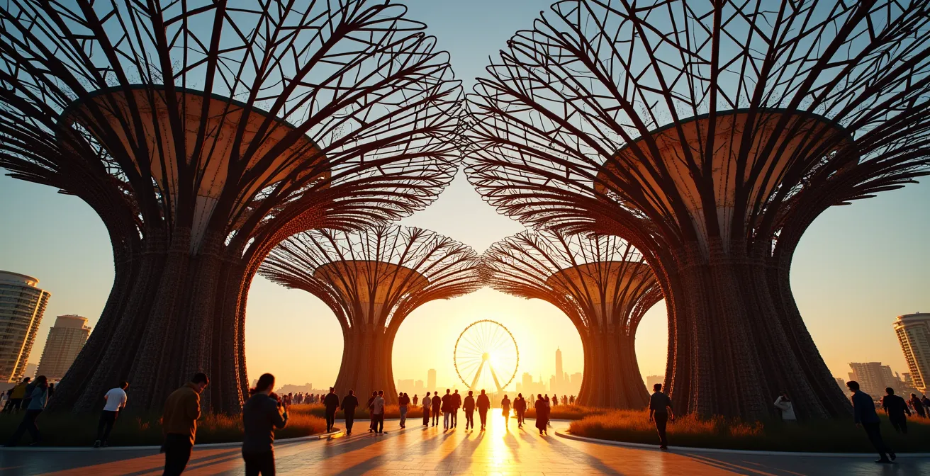 Towering metallic supertree structures on Bluewaters Island photographed from below with people for scale