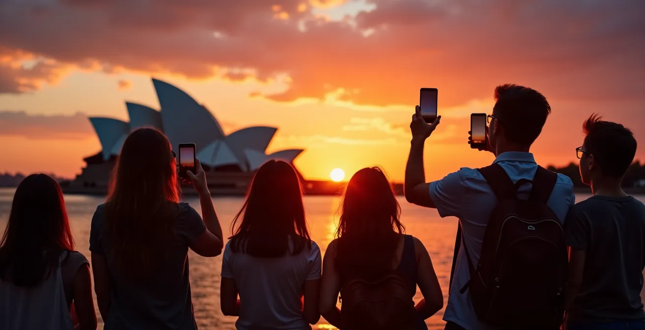 Silhouettes of people watching sunset behind Burj Al Arab from elevated viewpoint