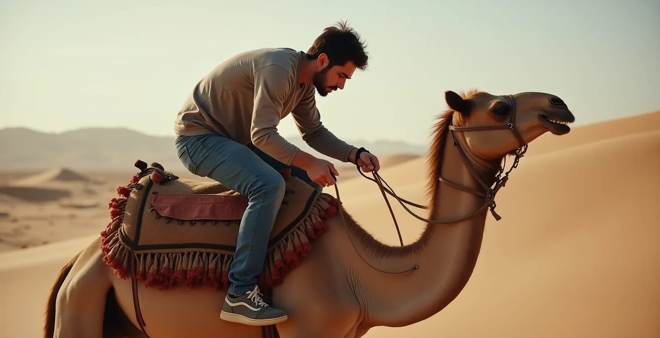 Close-up profile view of rider demonstrating proper lean-back technique as camel rises