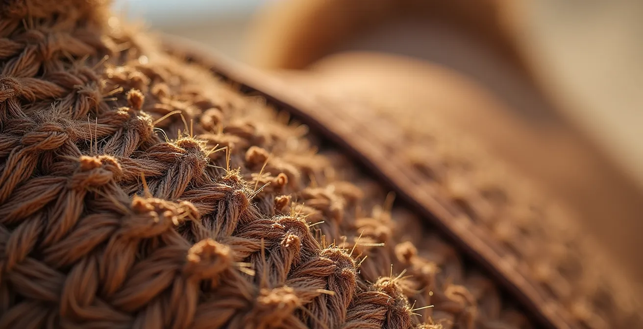 Extreme close-up of rough camel saddle texture and coarse fabric