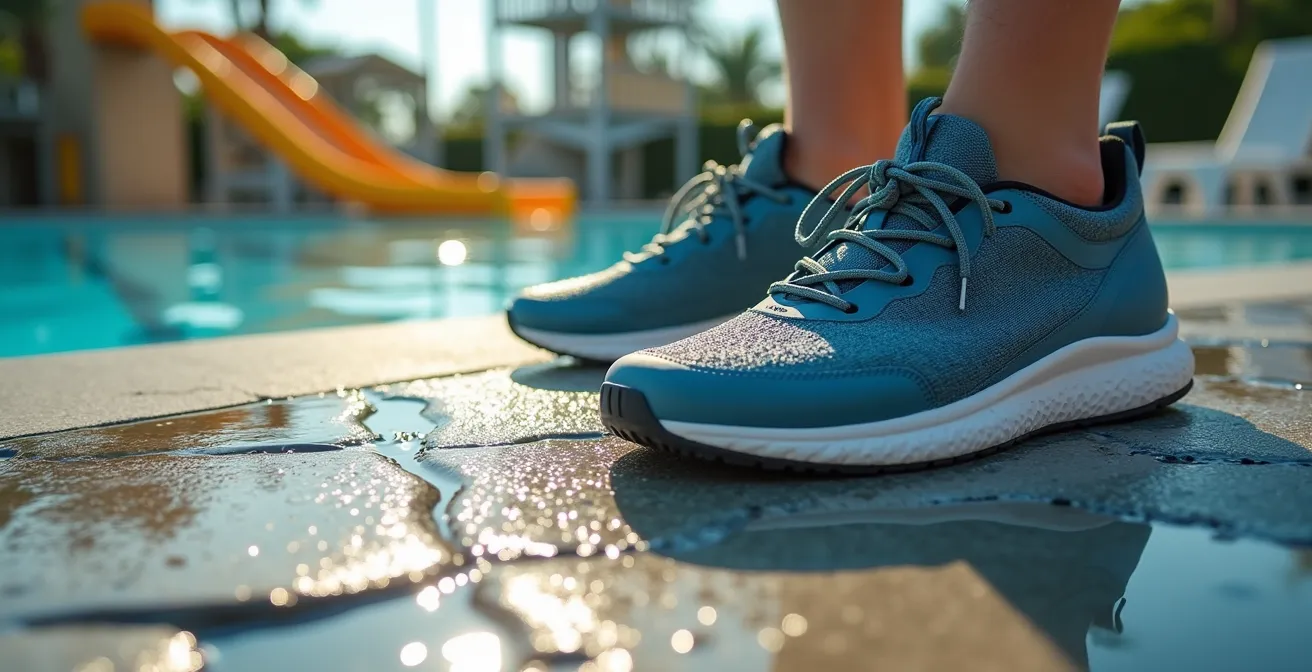 Macro shot of specialized water shoes on hot concrete surface with heat shimmer visible