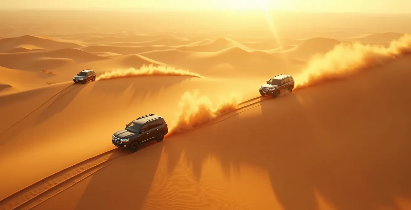 Multiple 4x4 vehicles in convoy formation crossing Dubai desert dunes at sunset