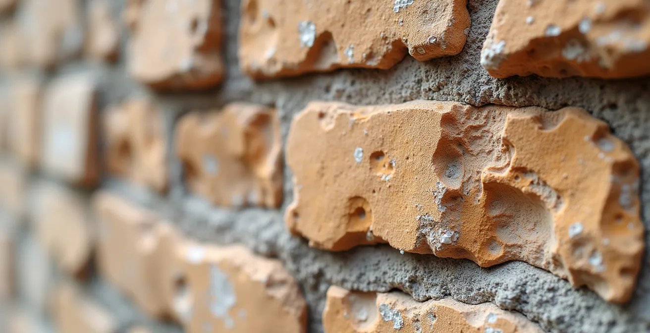 Macro shot of porous coral stone wall texture showing natural insulation properties