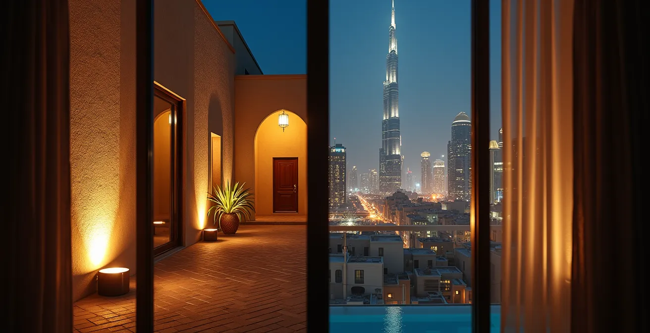 Split composition showing Old Town Dubai's low-rise traditional architecture at night versus modern high-rise towers with illuminated facades