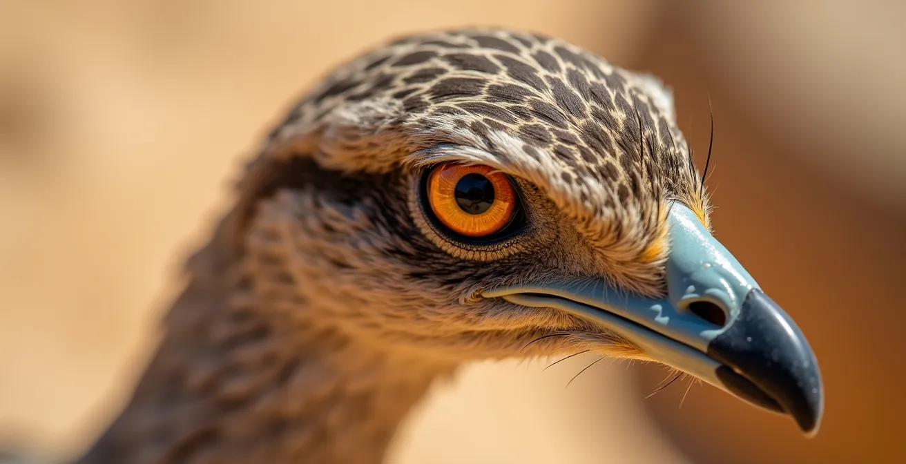 Macro shot of a desert bird's startled eye reflecting distant sky with feathers in sharp detail