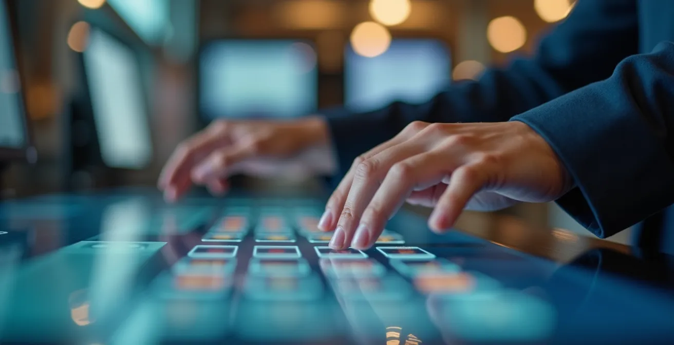 Close-up macro shot of hands processing VAT refund at an airport kiosk