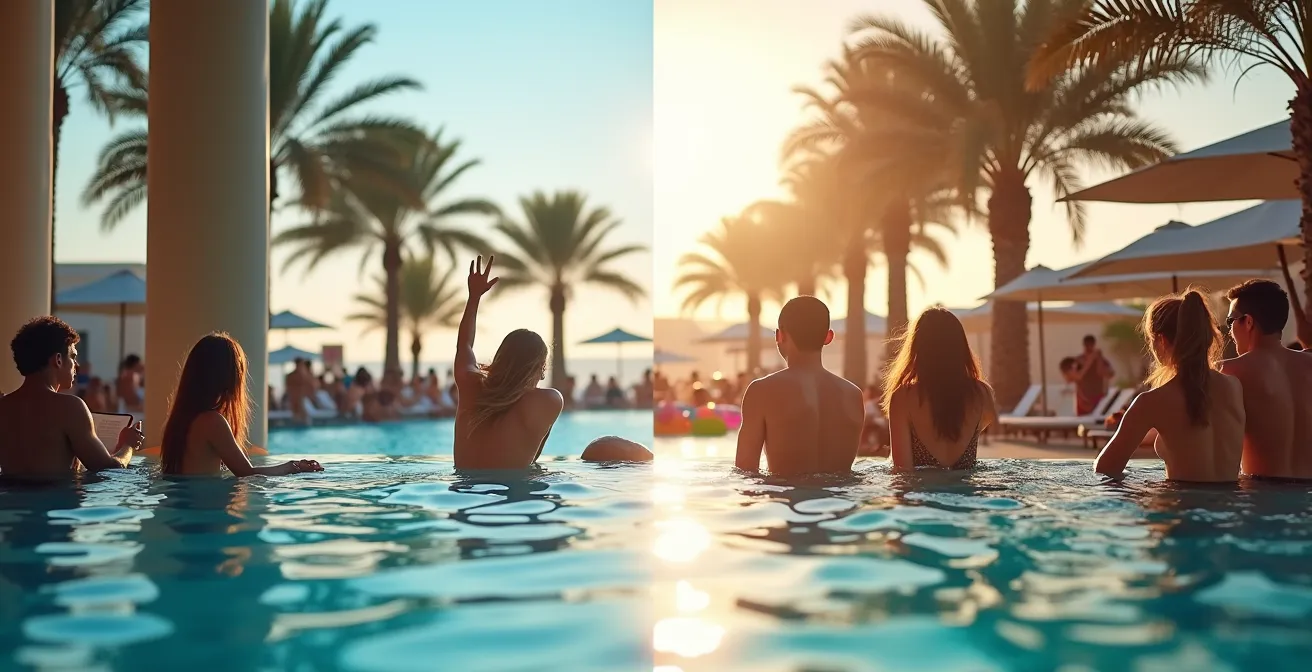 Split scene showing tranquil pool area versus vibrant party atmosphere at Dubai beach clubs
