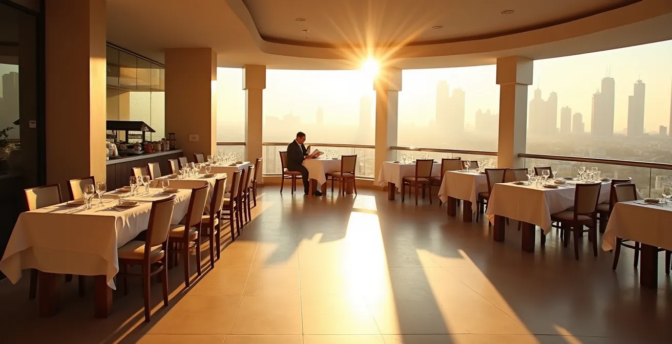 Serene breakfast terrace at 9 AM with empty tables and morning light