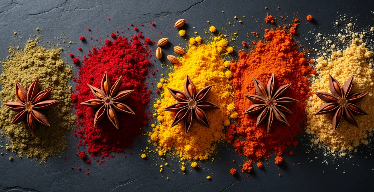 Artistic arrangement of Middle Eastern and Asian spices blending together symbolizing Dubai's fusion cuisine