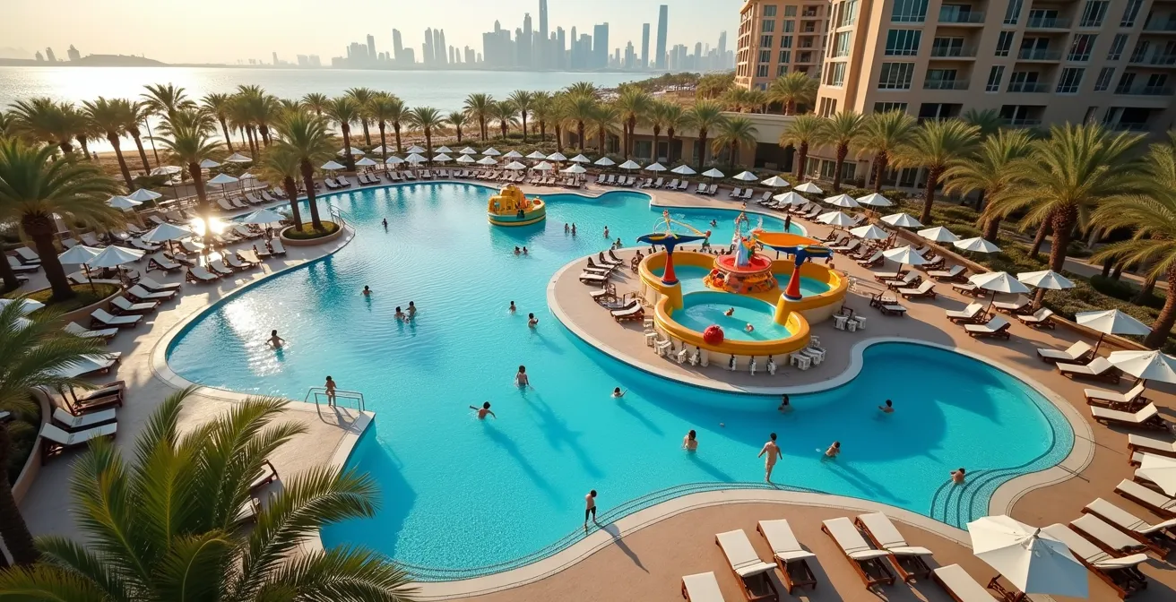 Aerial view showing true distance between adults-only and family pool areas