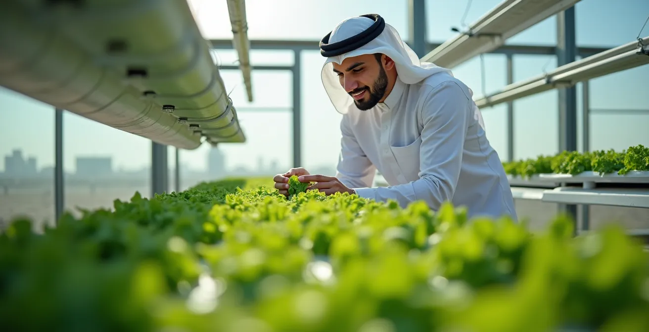 Modern hydroponic farming technology in Dubai's desert environment