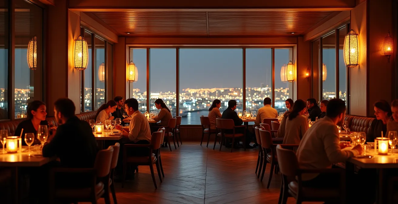 Cozy restaurant interior on upper floor with marina views and local diners