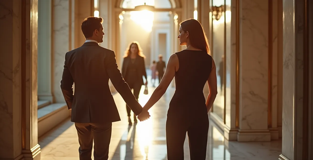 Elegant private shopping corridor with luxury boutiques and exclusive entrances