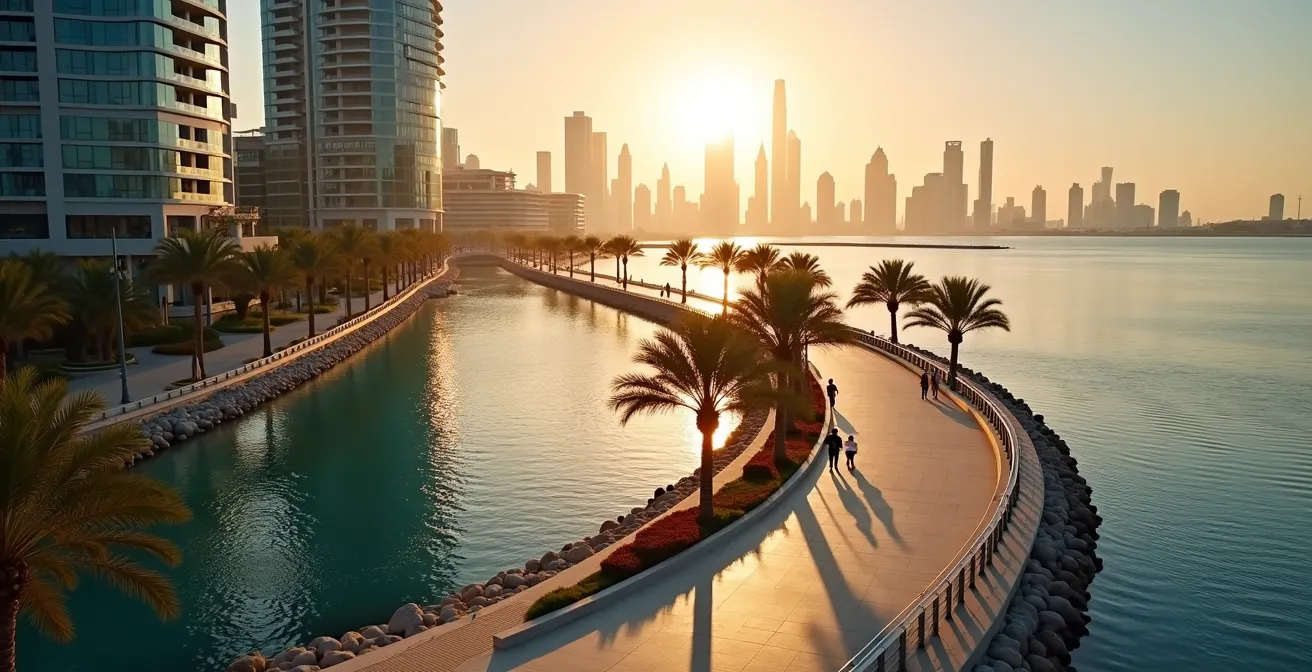 Wide aerial perspective of Dubai Marina's waterfront promenade with pedestrians enjoying evening walk