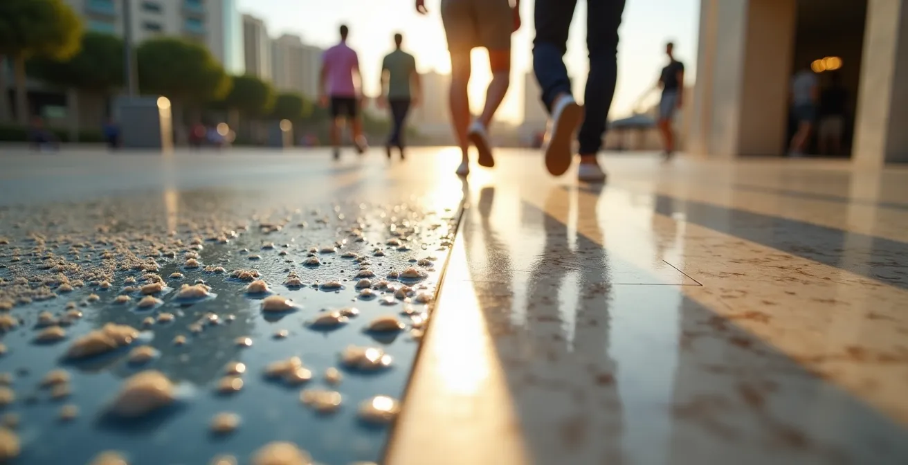 Split view showing Marina waterfront walk and Downtown covered walkway