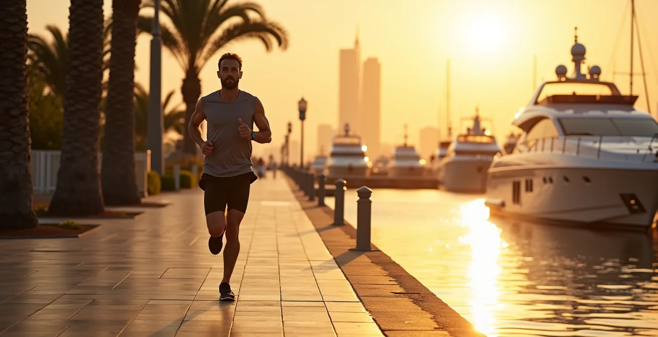 Early morning runner on Dubai Marina waterfront promenade with empty pathways