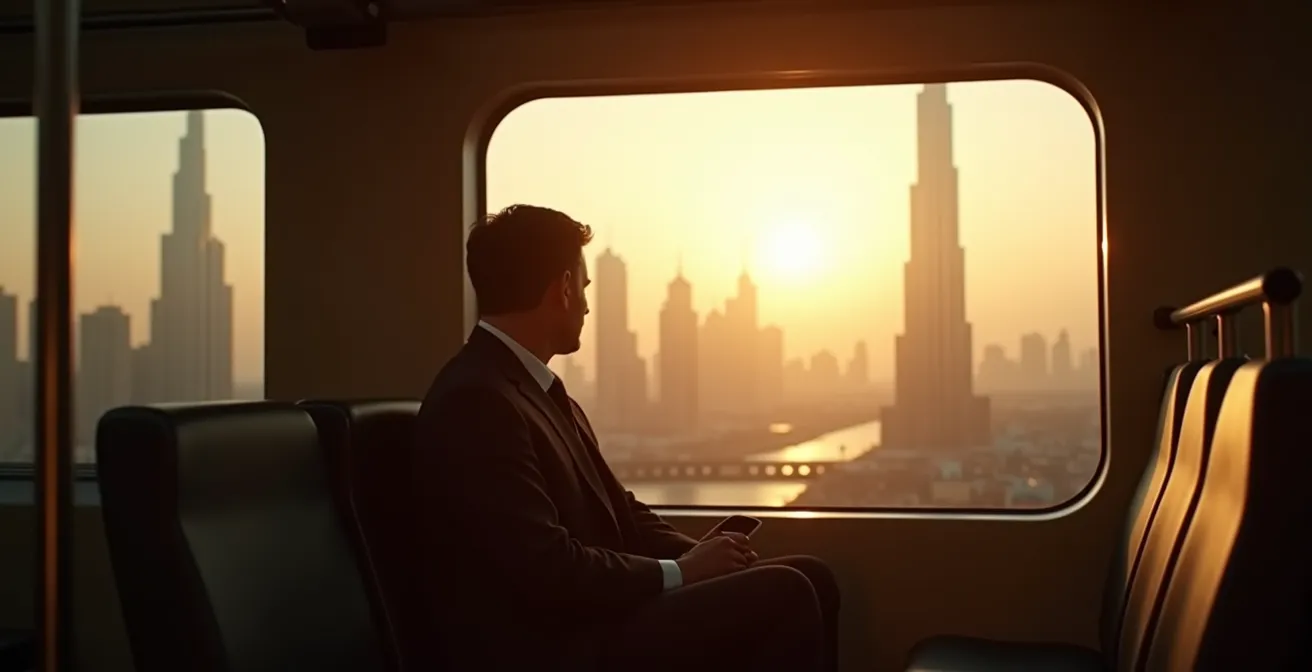 Passenger's perspective from inside Dubai Metro viewing Burj Khalifa through window