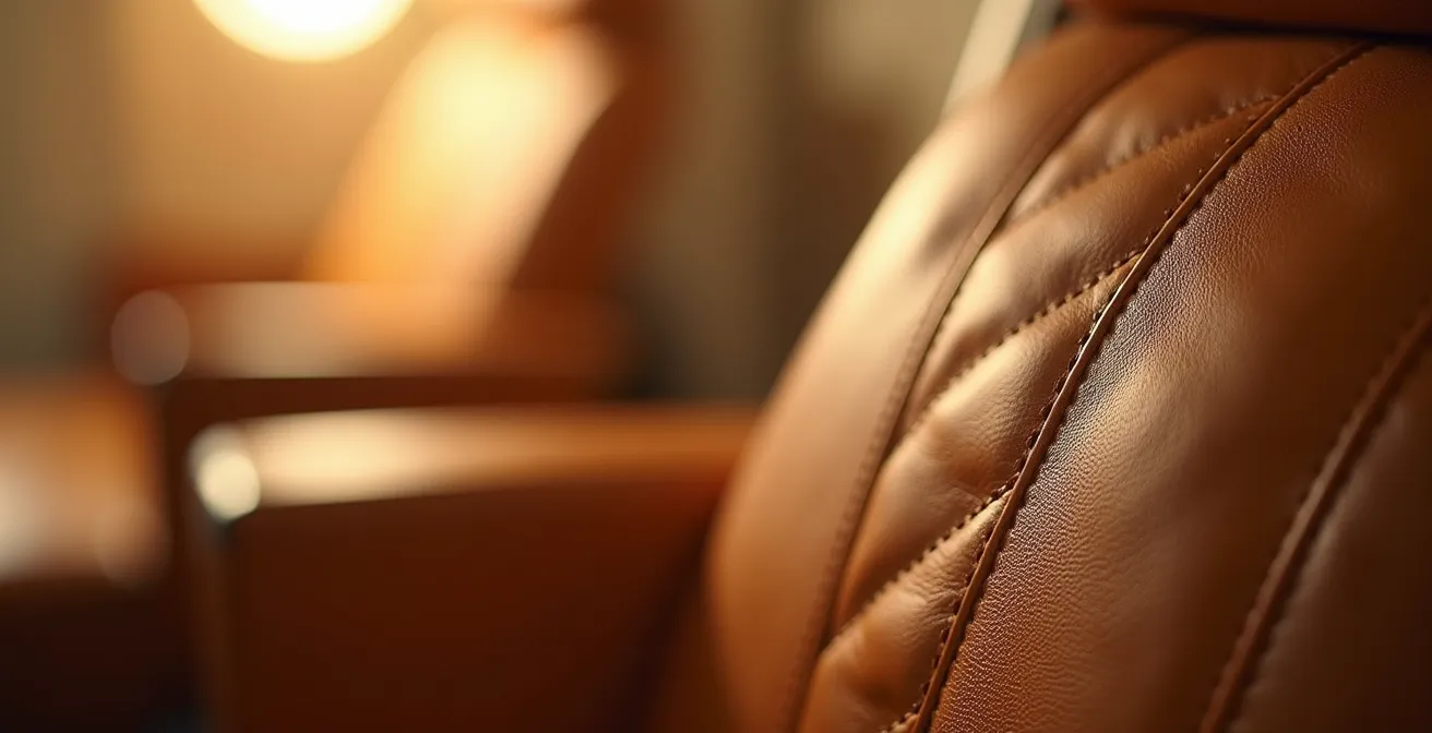 Macro detail of Gold Class leather seats with soft bokeh of cabin interior