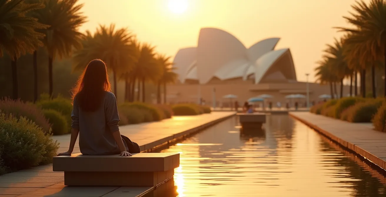 Dubai Opera Garden at golden hour with fountain reflections and architectural details