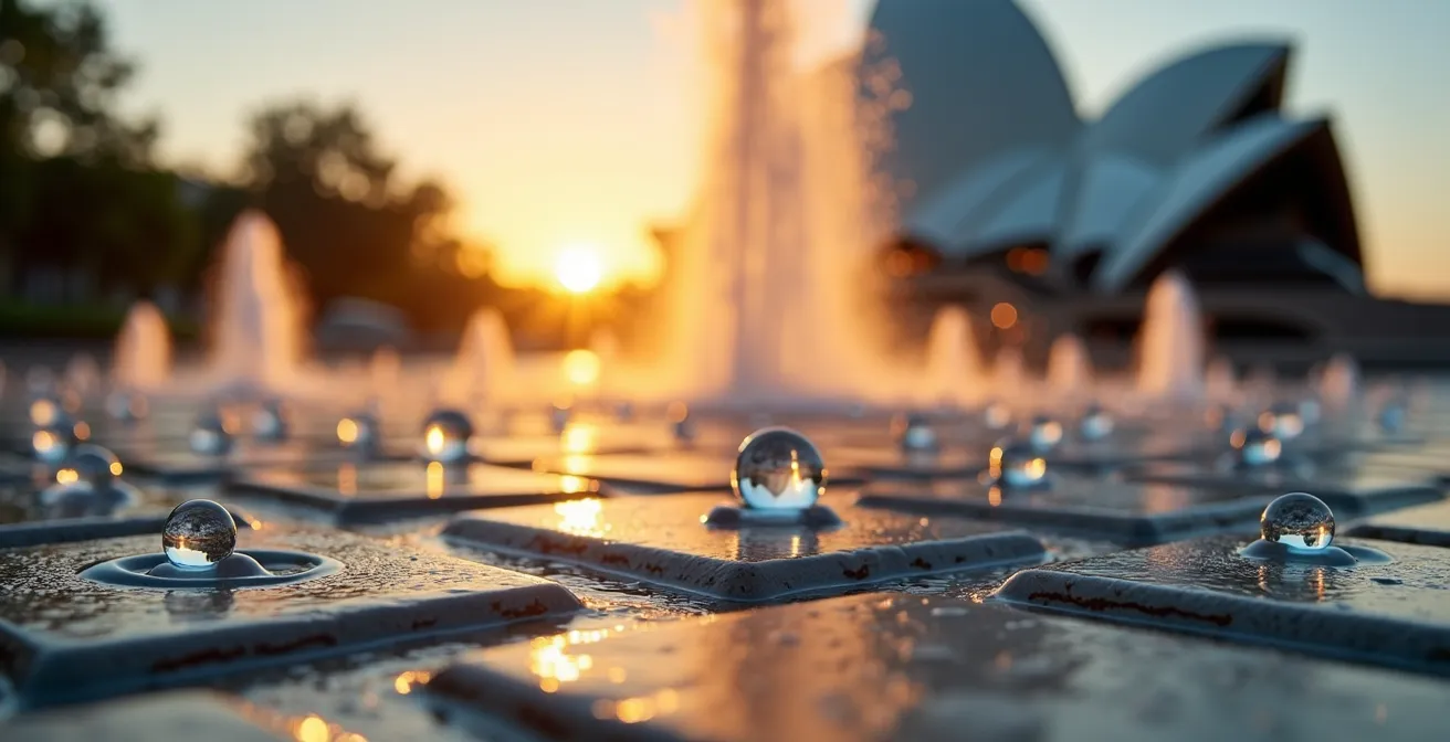 Wide angle view of a modern opera house garden plaza at sunset with architectural water features