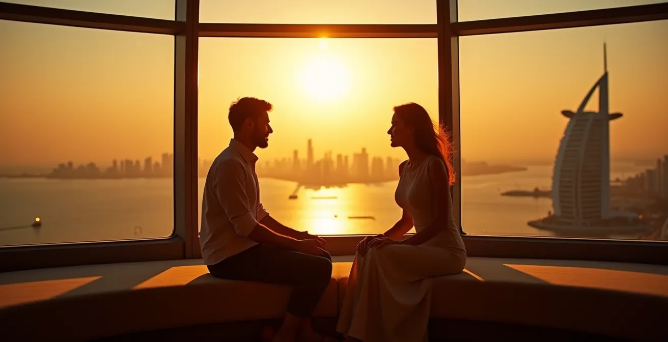 Golden sunset light streaming through an observation wheel cabin with the Dubai skyline visible outside.