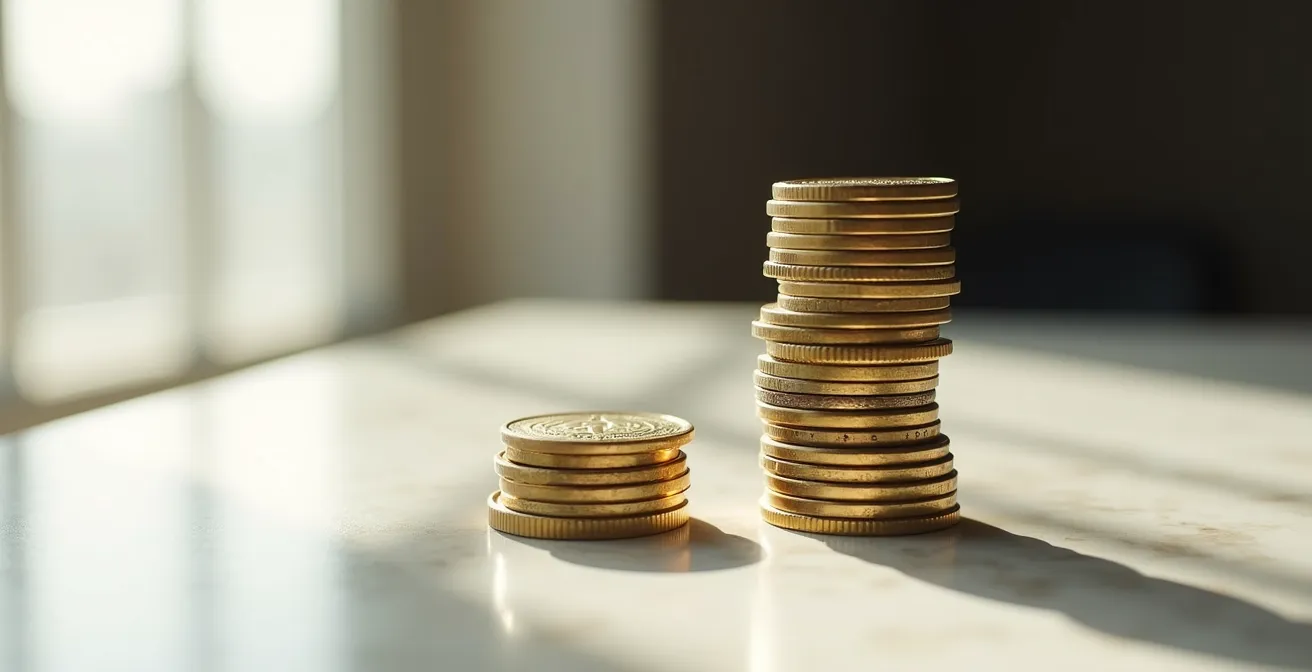 Abstract visualization of stacked coins diminishing in height representing decreasing per-night costs over extended stays