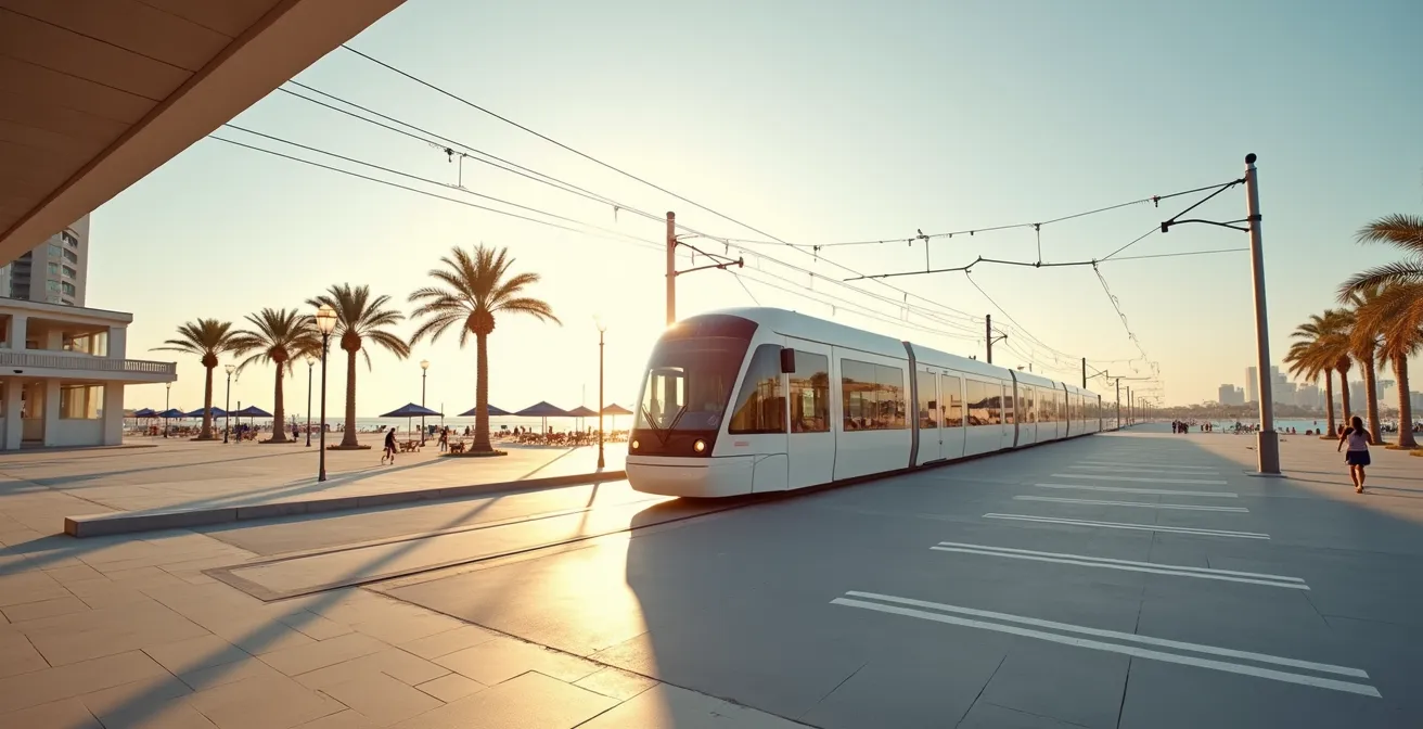 Wide angle view of Dubai Tram arriving at JBR station with beach and crowds in background