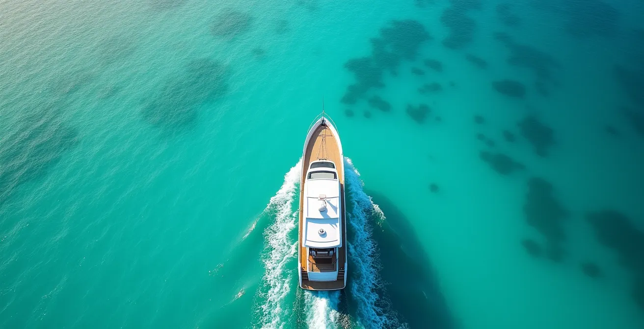Aerial view of yacht in crystal turquoise Dubai waters with sandy seabed visible