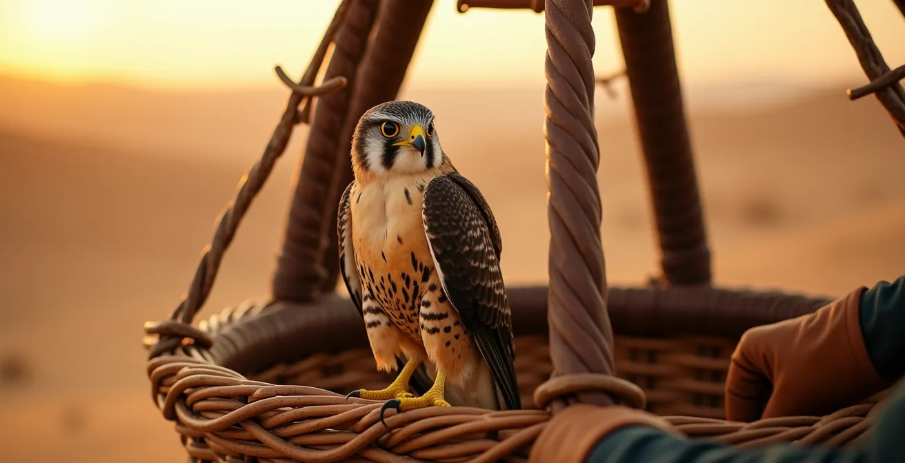 Majestic falcon perched on woven balloon basket rim with Arabian desert landscape at dawn