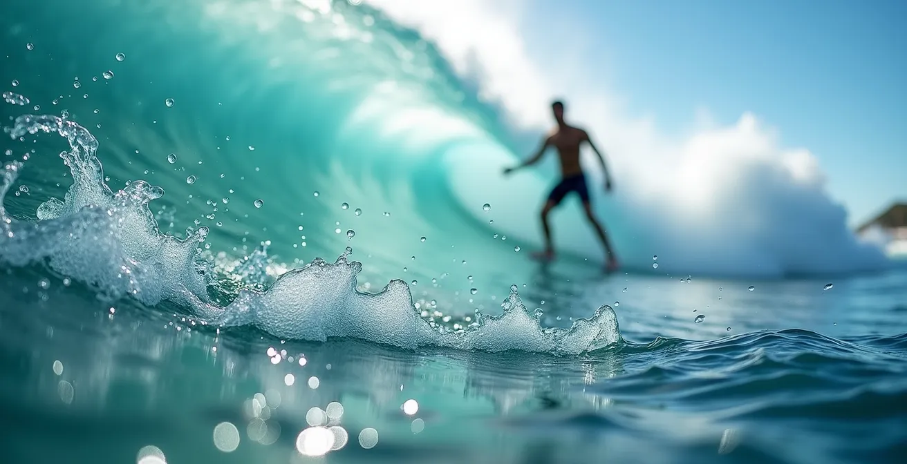 Macro shot of water texture on FlowRider surface with surfer silhouette