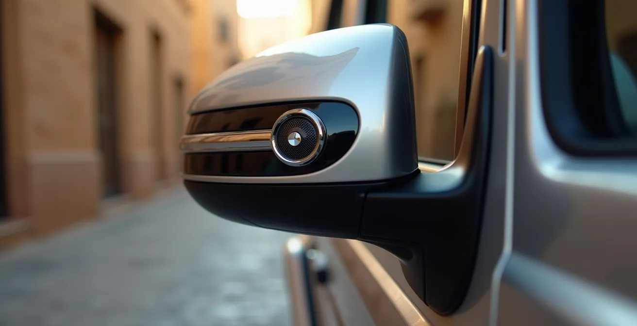 Close-up view of G-Wagon's parking sensors and camera system