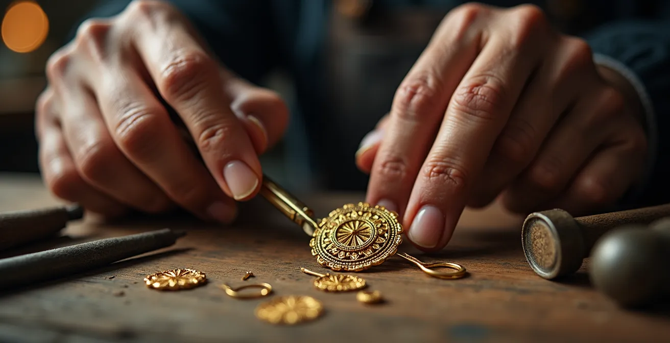 Close-up of craftsman's weathered hands working on intricate gold jewelry