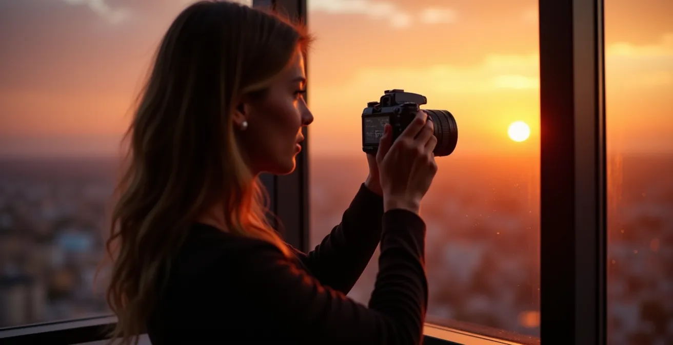 Photographer capturing Dubai skyline during golden hour from observation deck