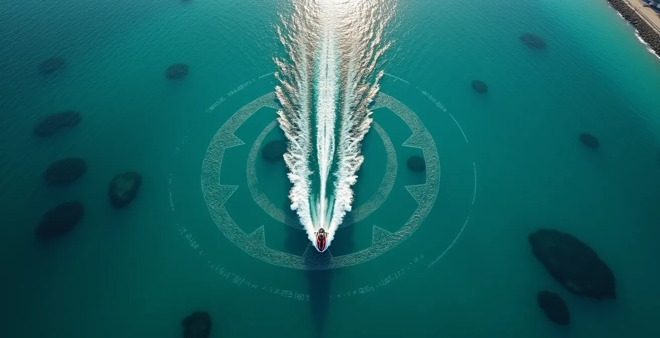 Aerial view showing GPS geofenced zones for jet ski rentals in Dubai waters with virtual boundaries