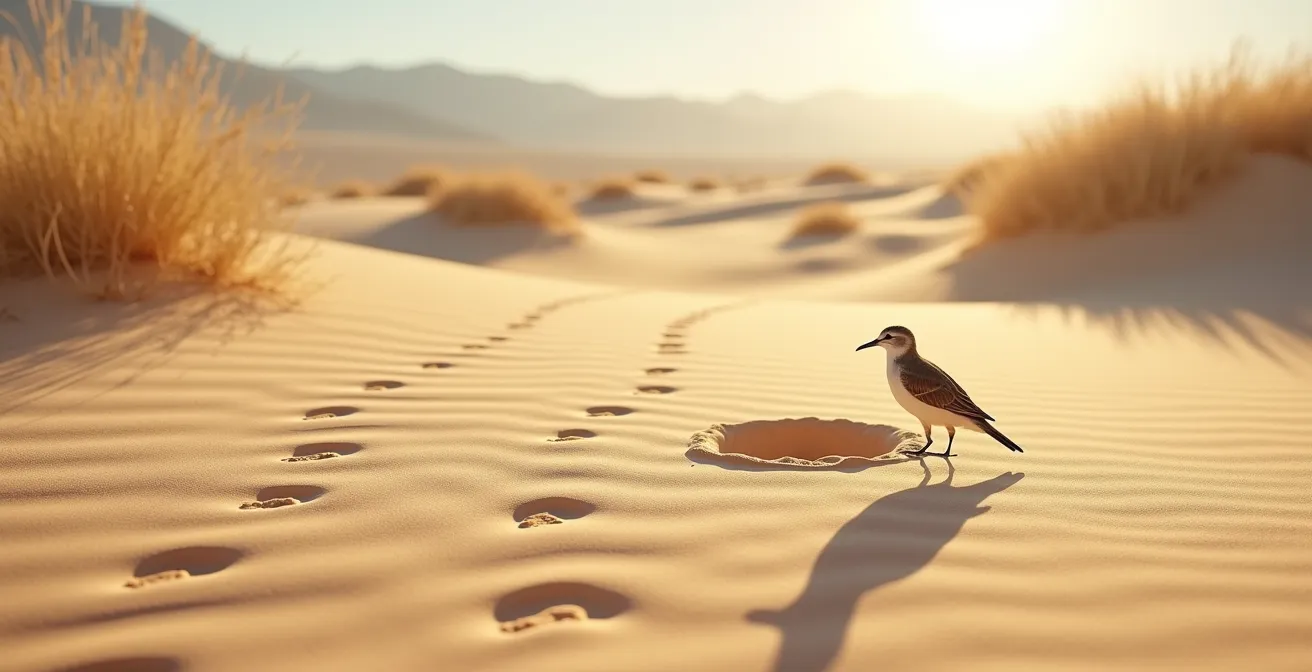 Wide angle view of desert sand with natural bird tracks and distant mountains at sunset