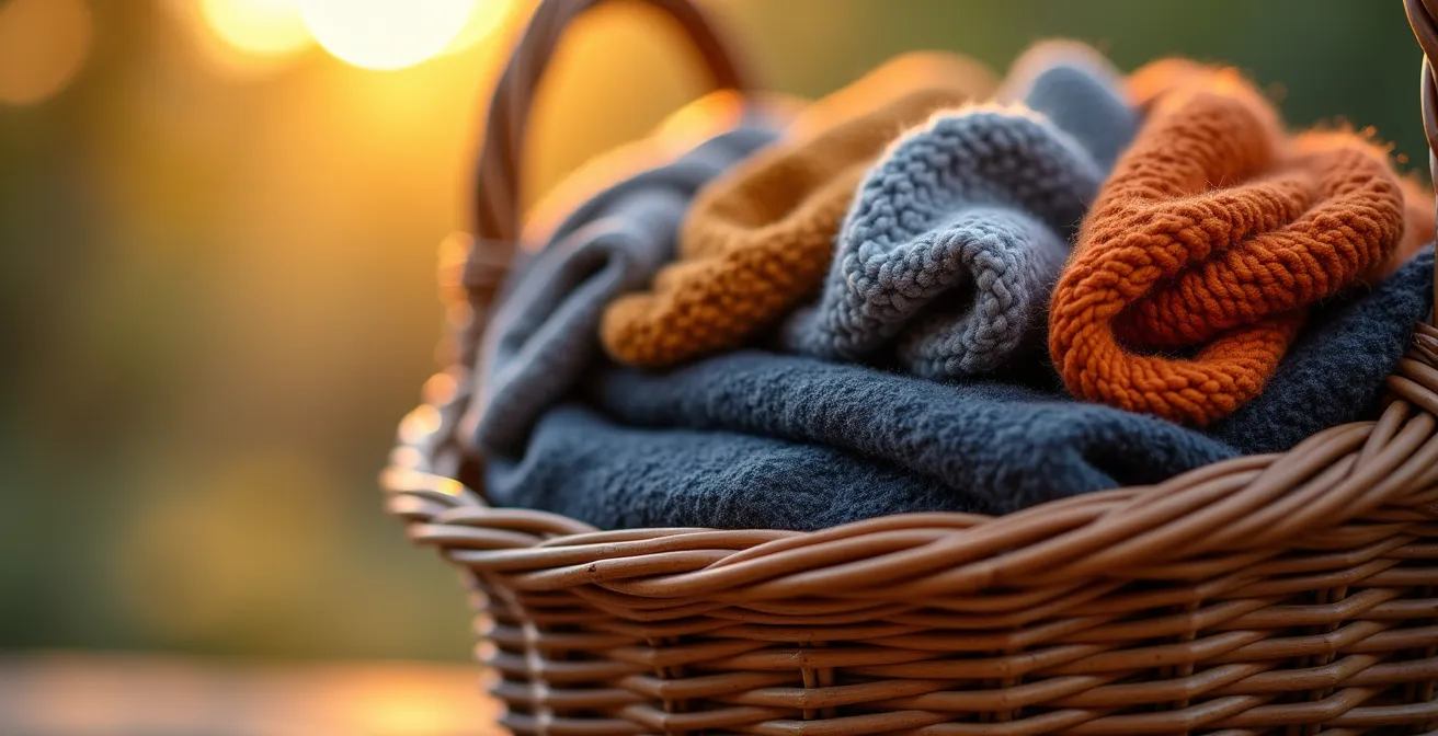 Close-up macro shot of layered clothing textures inside hot air balloon basket with morning light