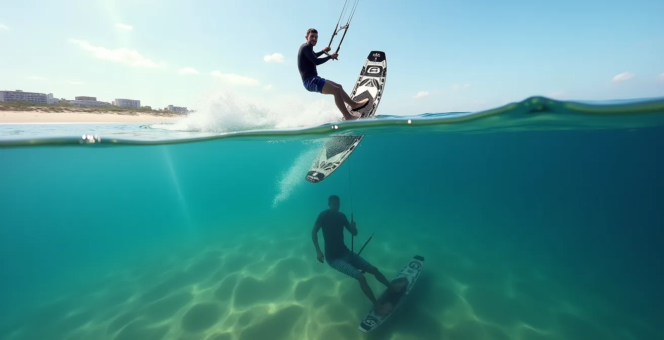 Side-by-side comparison showing hydrofoil mast depth versus twin-tip board in shallow water