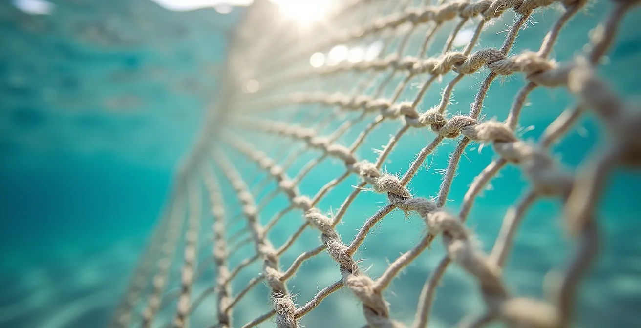 Underwater view of protective beach nets with light filtering through water
