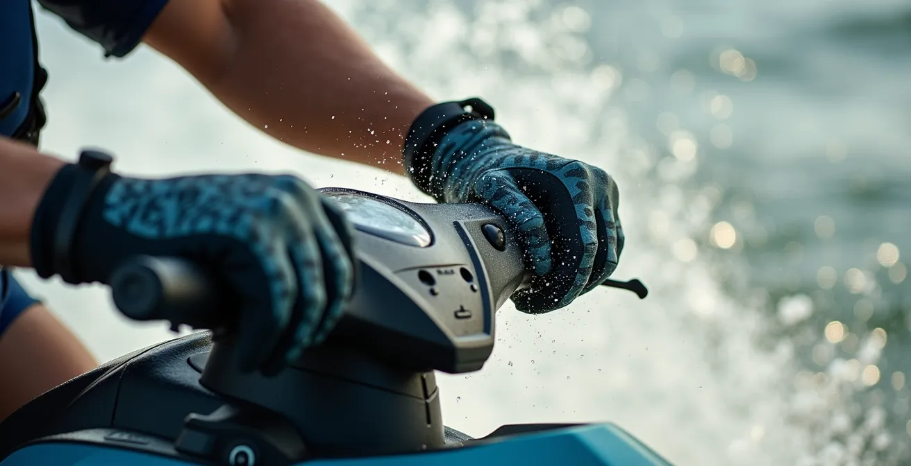 Close-up of rider's hands gripping jet ski handles showing proper technique while navigating choppy water