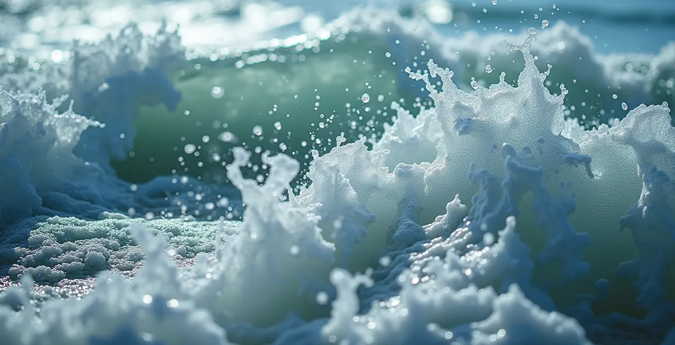 Macro shot of water surface texture showing turbulent patterns from wind and wake interaction