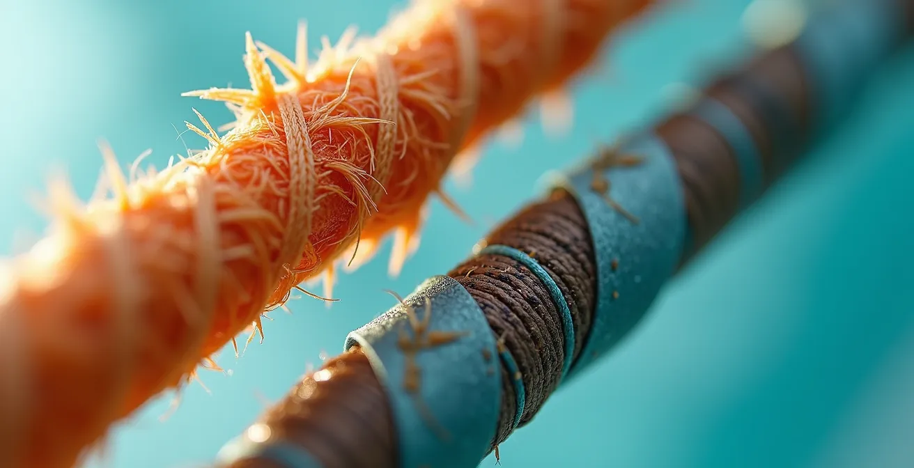 Close-up macro shot of worn kitesurfing lines showing fraying, UV damage, and knots