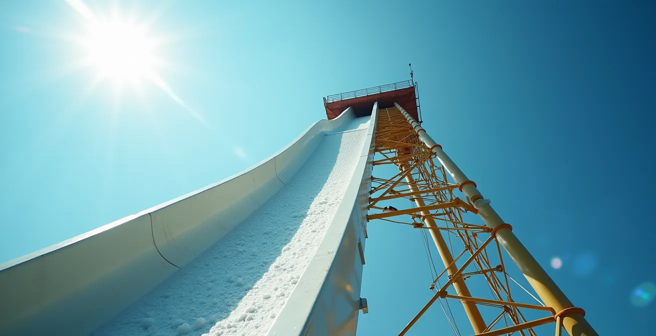 Dramatic low angle view of towering water slide structure against blue sky